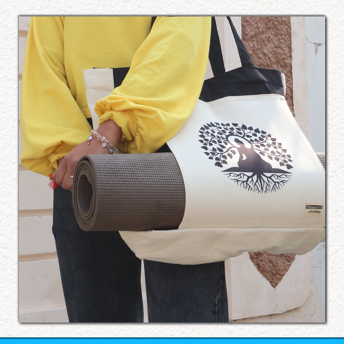 Stylish Canvas Yoga Bag with Printed Mat Pocket